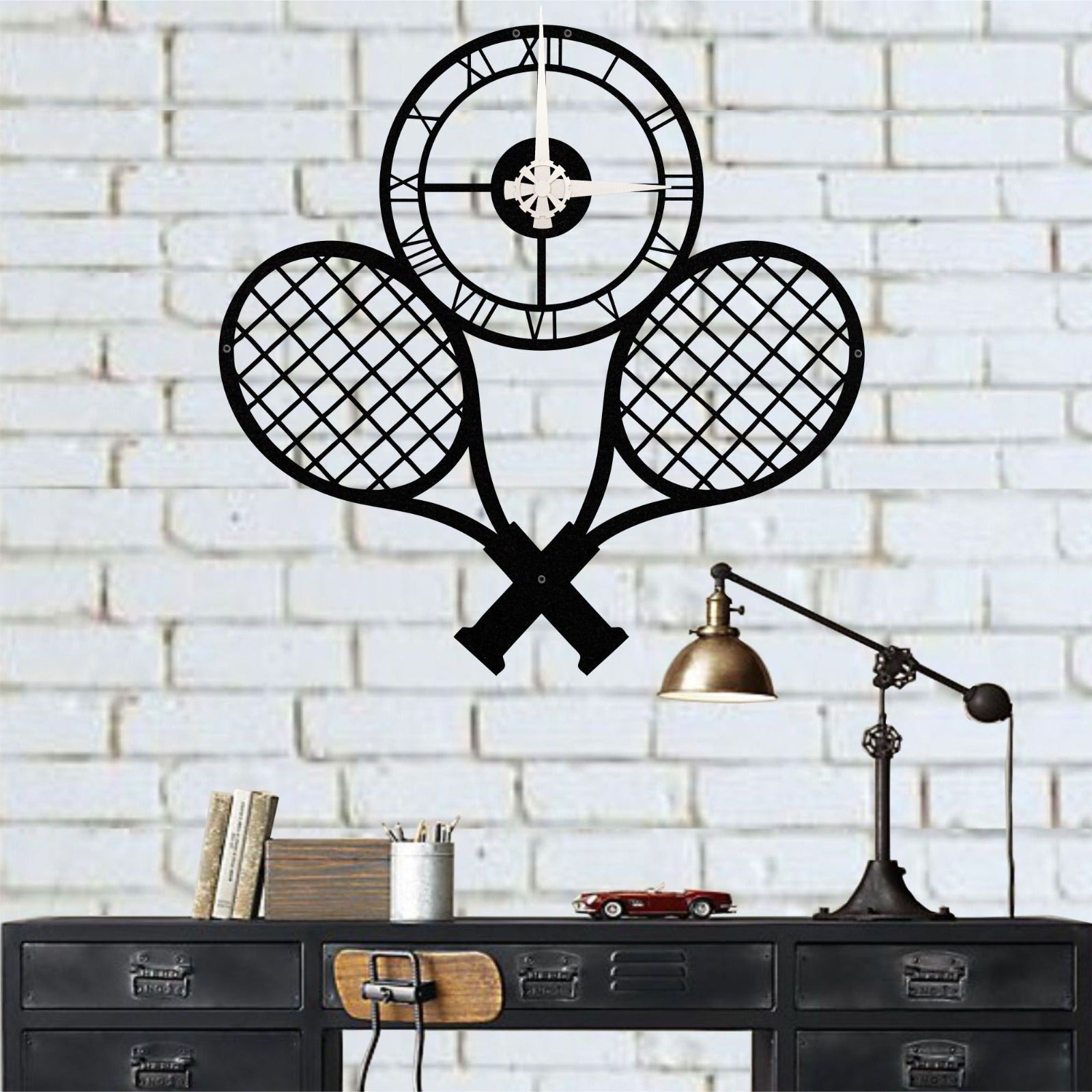 Metal Wall Clock with Tennis Racket Figure