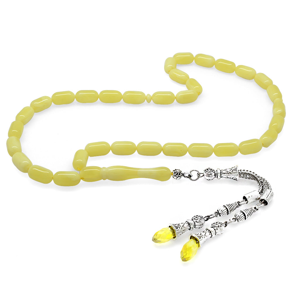 Set of 2 Yellow Zircon Stones, Silver Color, Tarnish-Free Metal Tassels, Capsule Cut Beirut Amber Prayer Beads