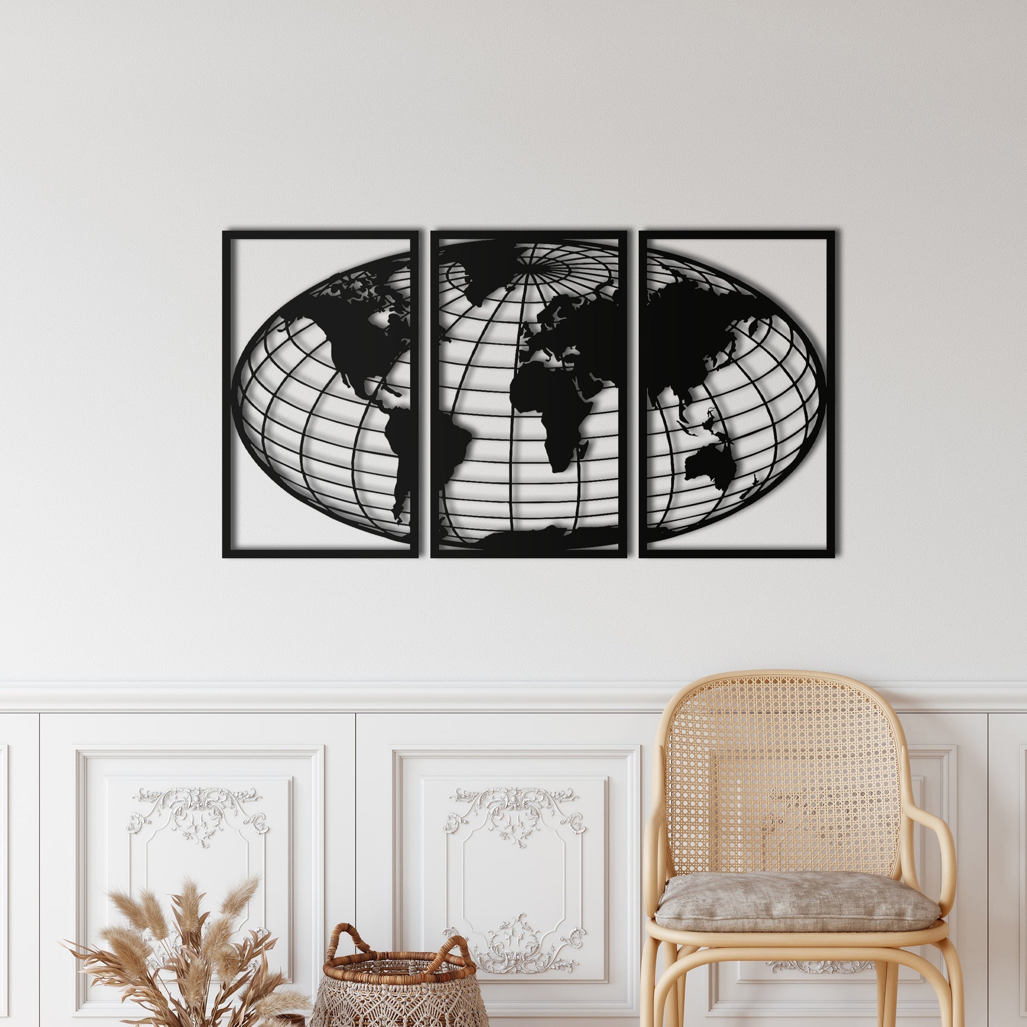 Oval Framed Meridian World Map Metal Wall Decoration