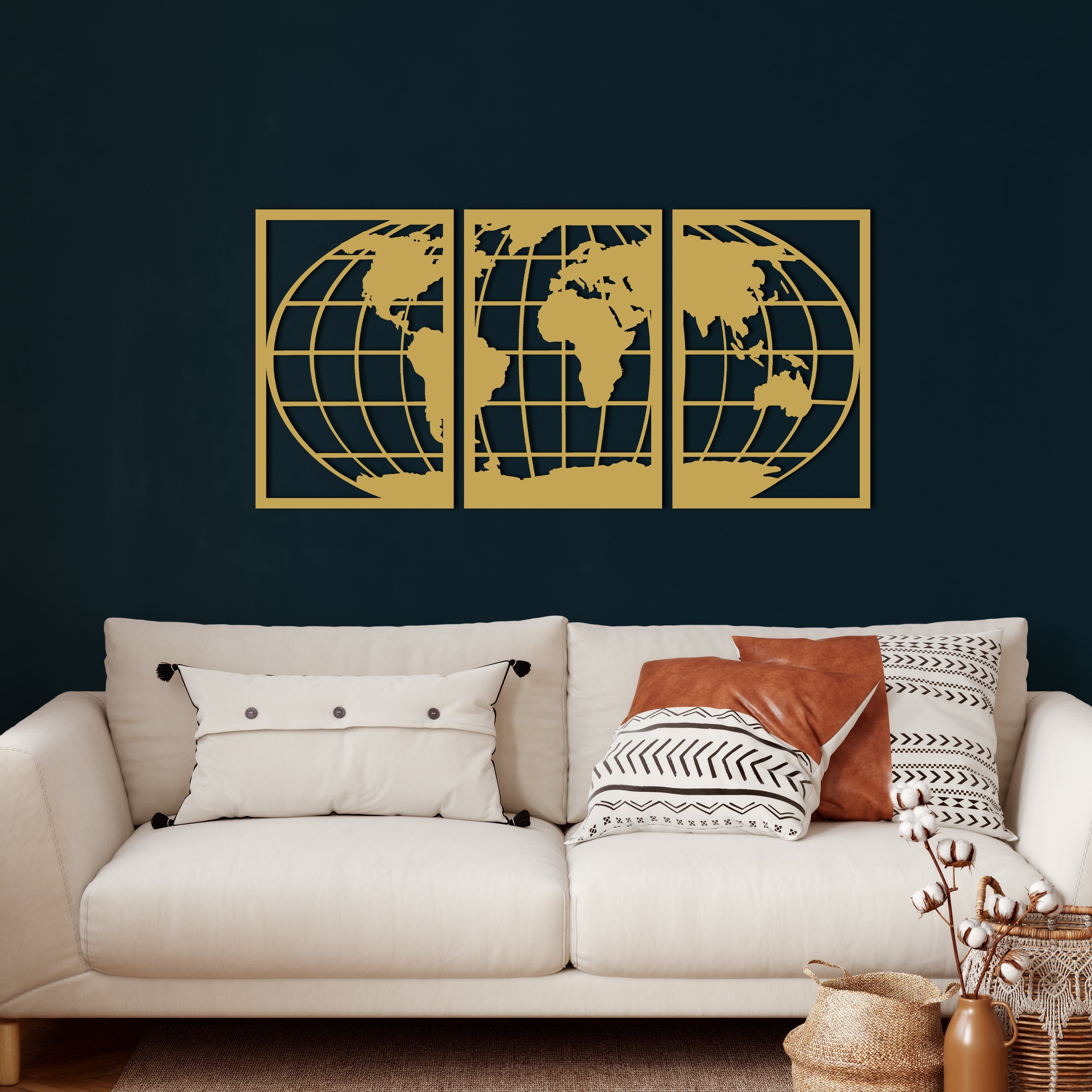 World Map Metal Wall Decoration with Meridian 3 Pieces