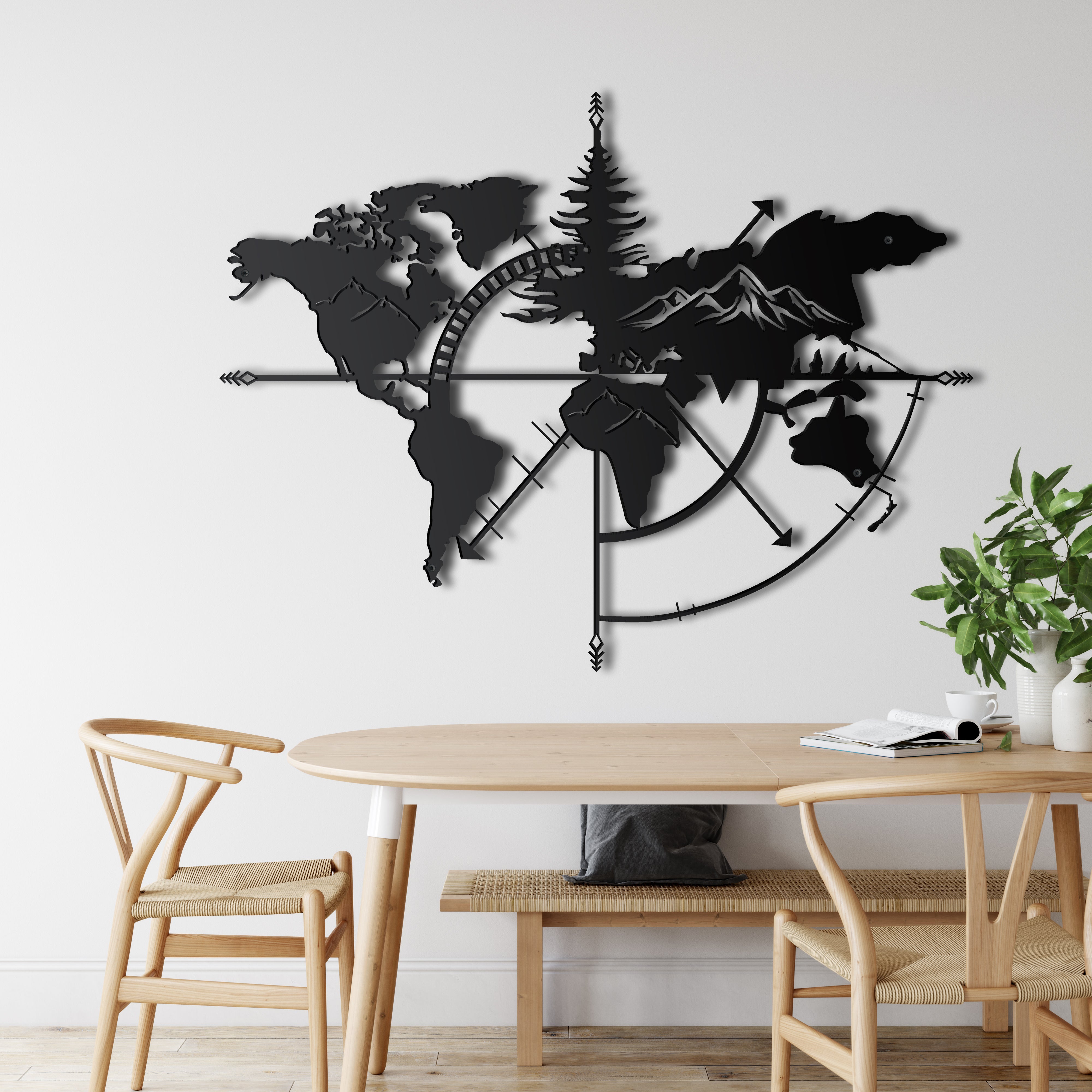World Map Metal Wall Decor with Mountains