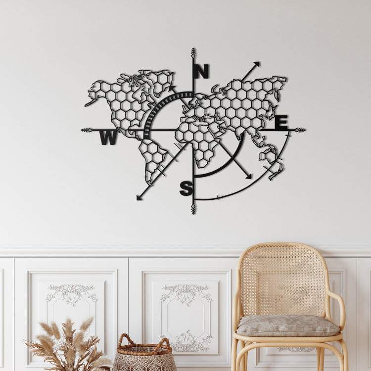 Honeycomb World Map With Compass Metal Wall Decoration