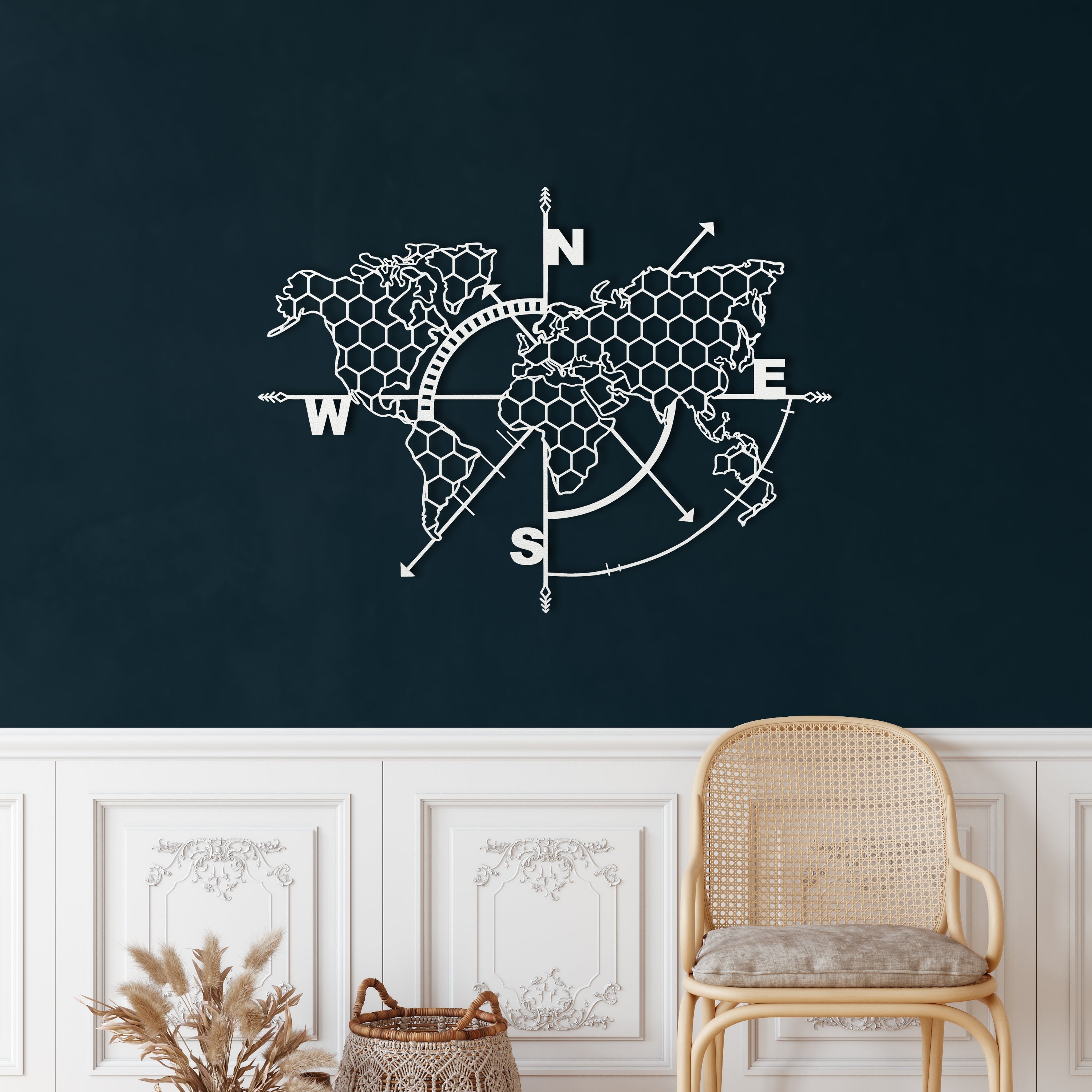 Honeycomb World Map With Compass Metal Wall Decor