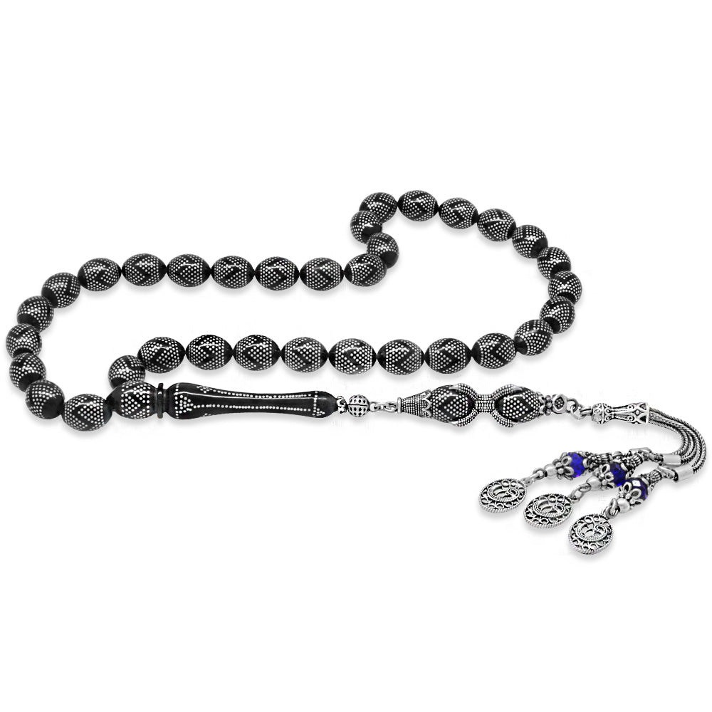 8,050 Pieces of Barley Cut Black Clamped Amber Prayer Beads with 925 Sterling Silver Tassels.