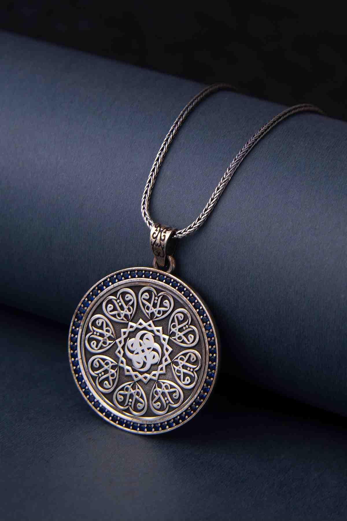 Ve Tesbih Embroidered Stone Medallion Silver Necklace 