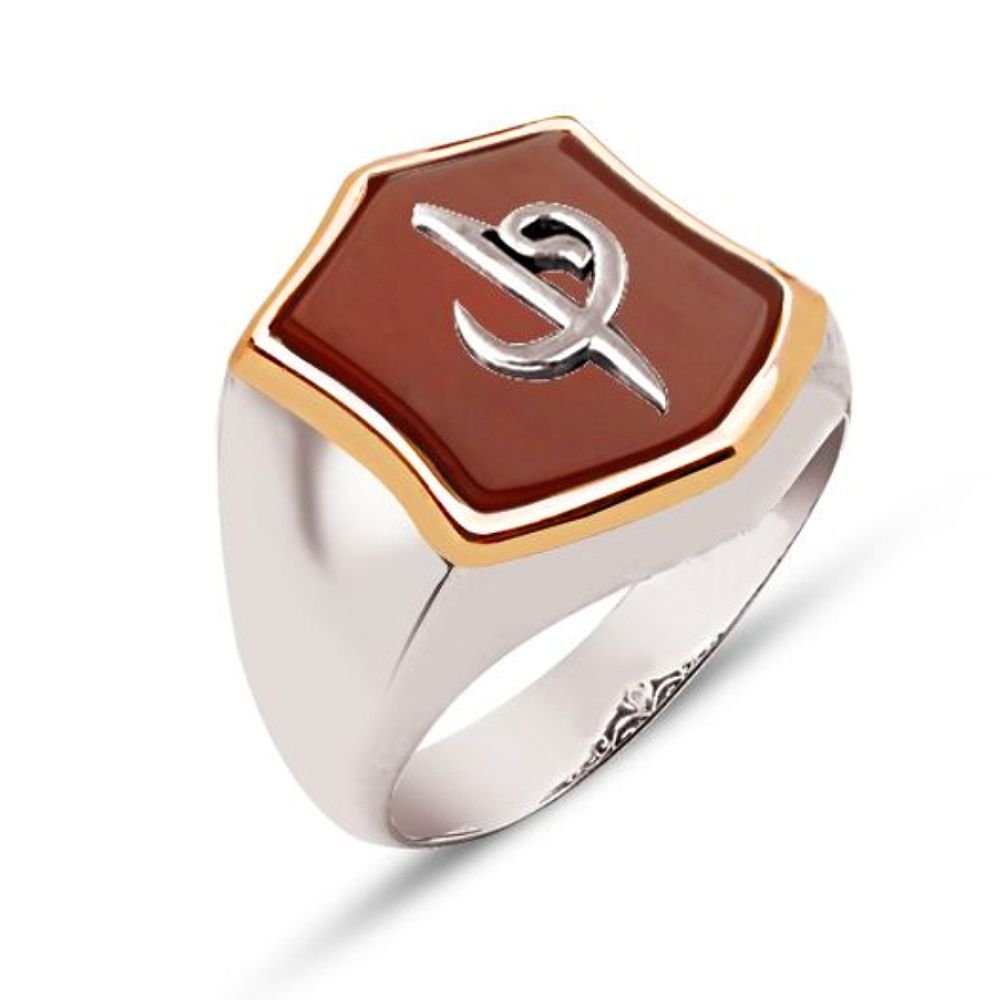 Tesbihane و Design Silver Men's Ring with Red Agate Stone-3
