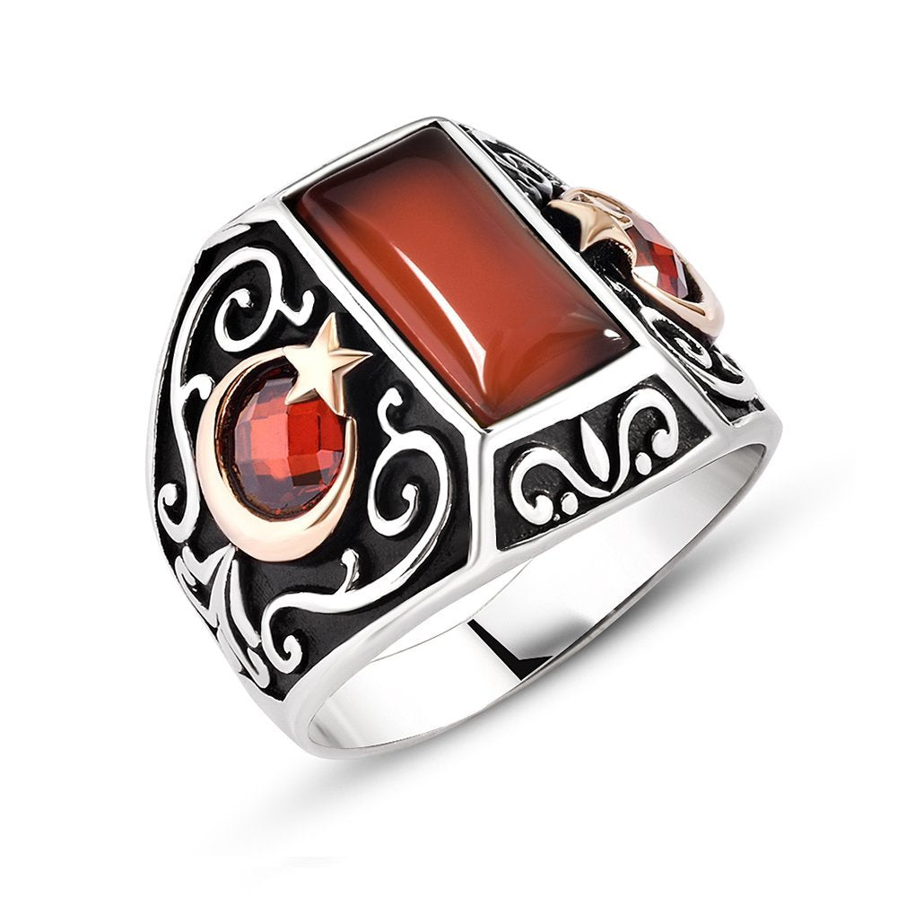 Silver Men's Ring with Star and Crescent and Red Agate Stone 3