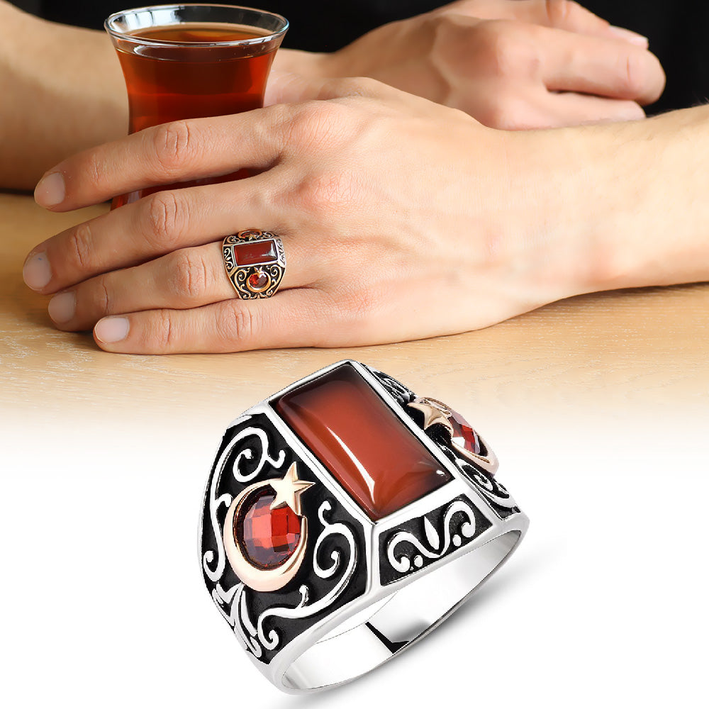 Silver Men's Ring with Star and Crescent and Red Agate Stone