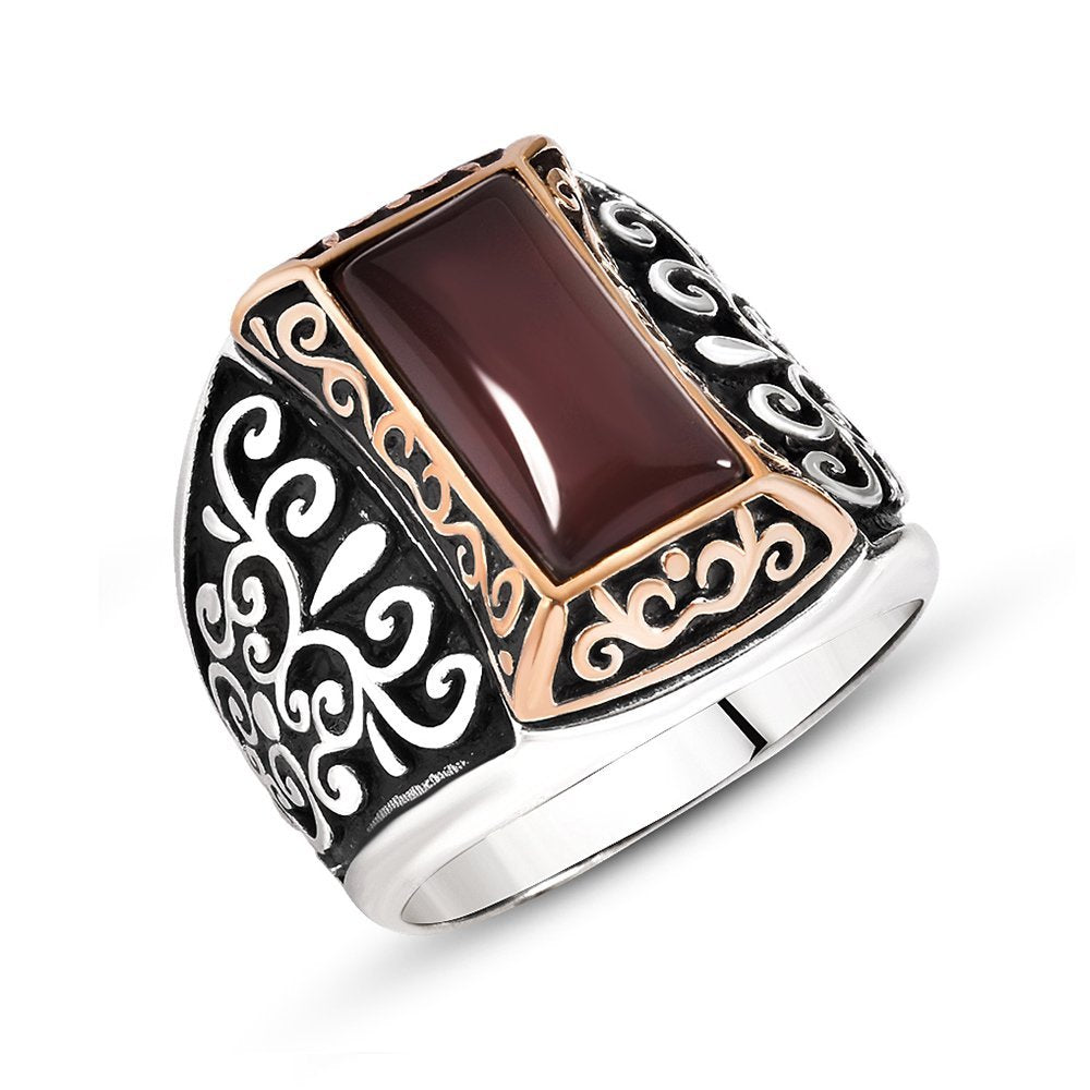 925 Sterling Silver Men's Ring with Red Agate Stone 3