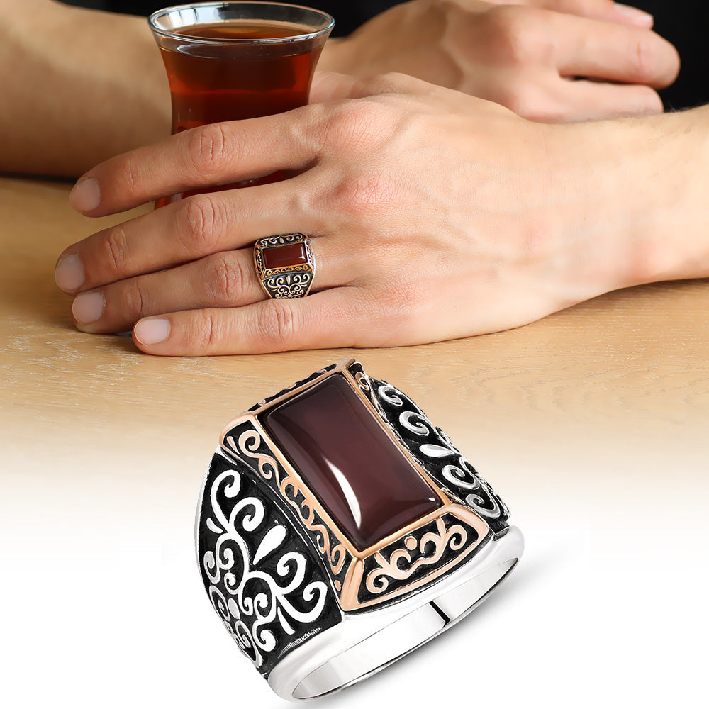 925 Sterling Silver Men's Ring with Red Agate Stone