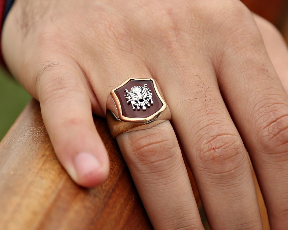 Tesbihane 925 Sterling Silver Coat of Arms Agate Stone Ring