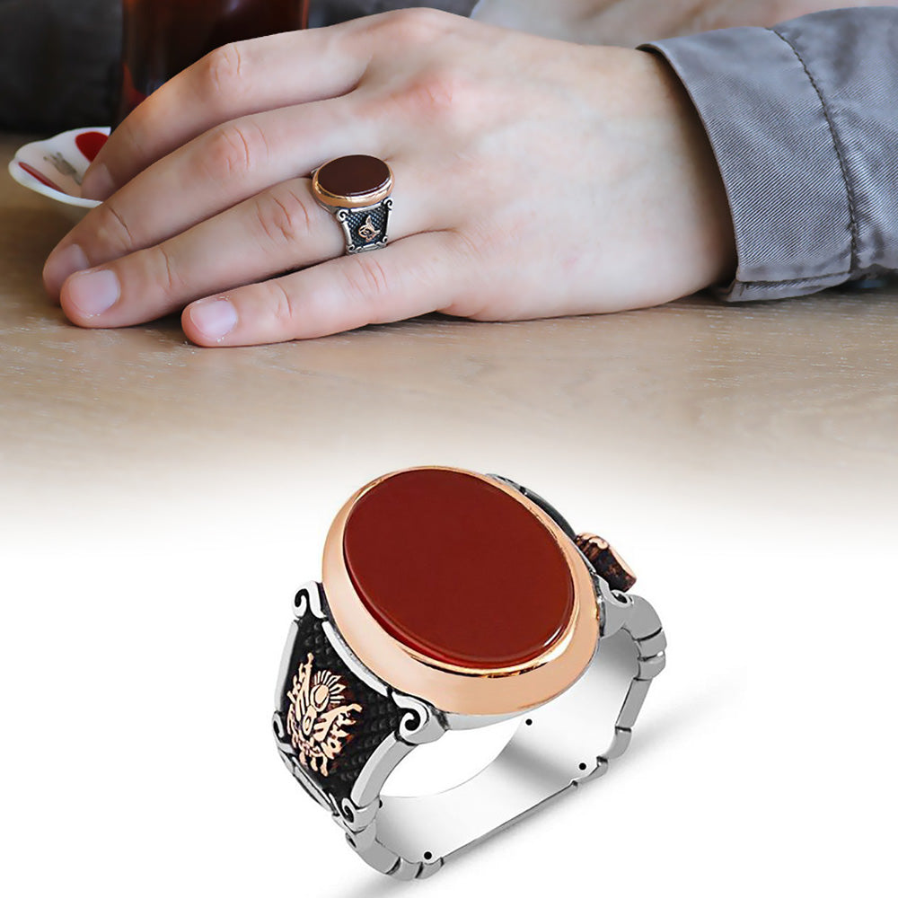 Silver Men's Ring with Coat of Arms and Tughra Agate Stone