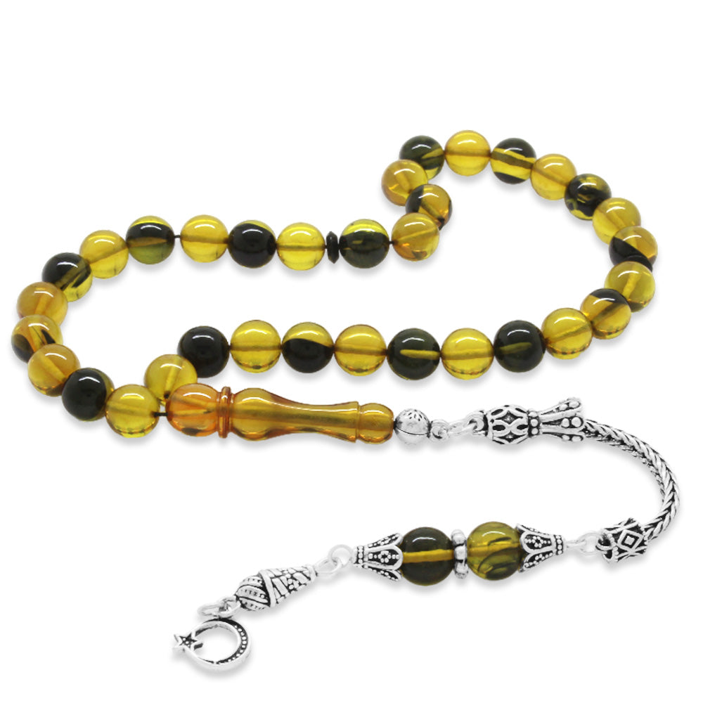 925 Sterling Silver Sphere Cut Yellow-Black Fire Amber Rosary with Crescent Star Tassels