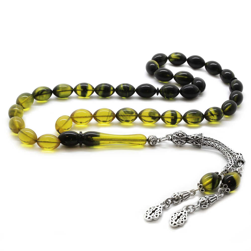 Silver Double Tasseled Yellow-Black Fire Amber Rosary