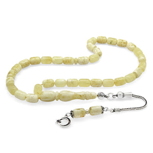 925 Sterling Silver  Yellow-White Moire Drop Amber Rosary with Crescent and Star Tassels