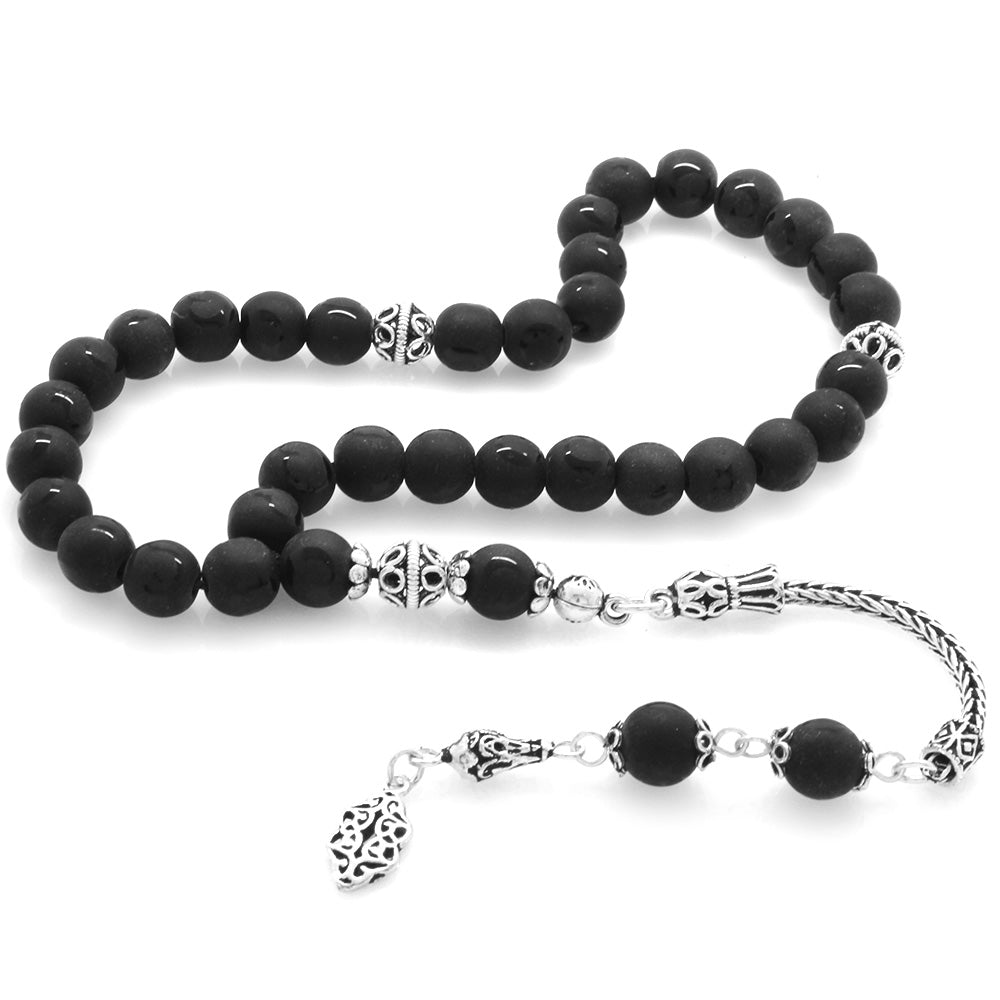 Silver Onyx Stone Rosary with Star and Crescent Tassels