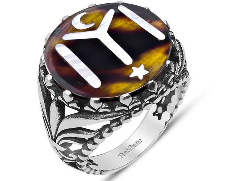 Handcrafted Silver Ring with Mother-of-Pearl Inlaid Kayi Motif on Tortoiseshell