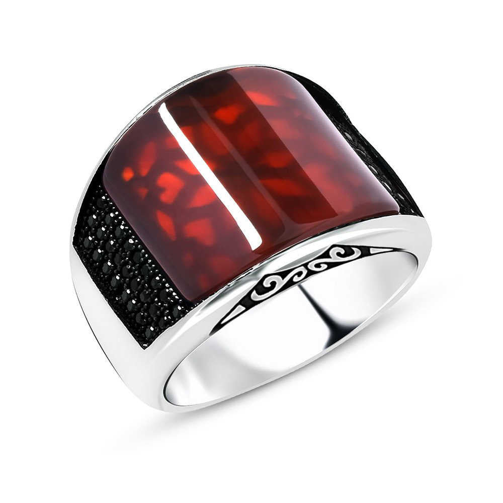 Zircon Domed and Agate Stones 925 Sterling Silver Men's Ring-3