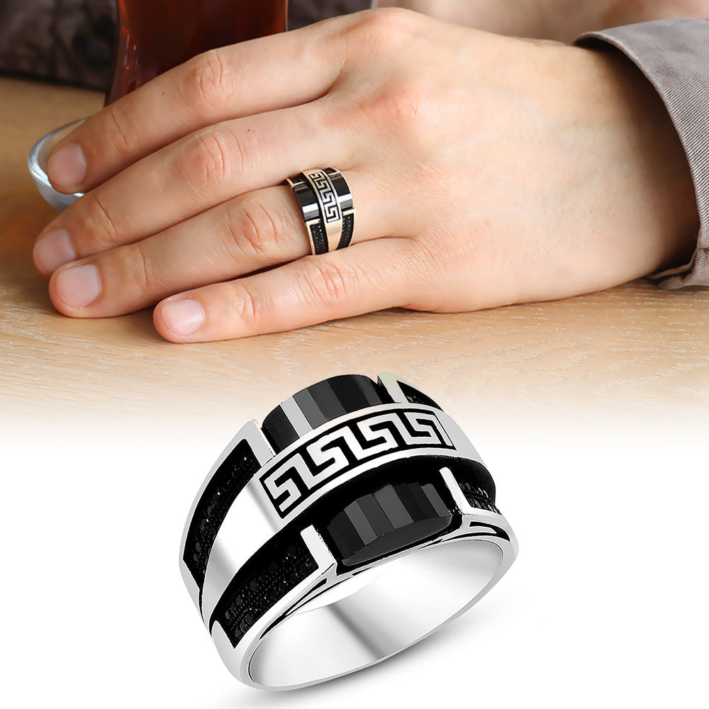 Zircon and Black Onyx Stones 925 Sterling Silver Men's Ring