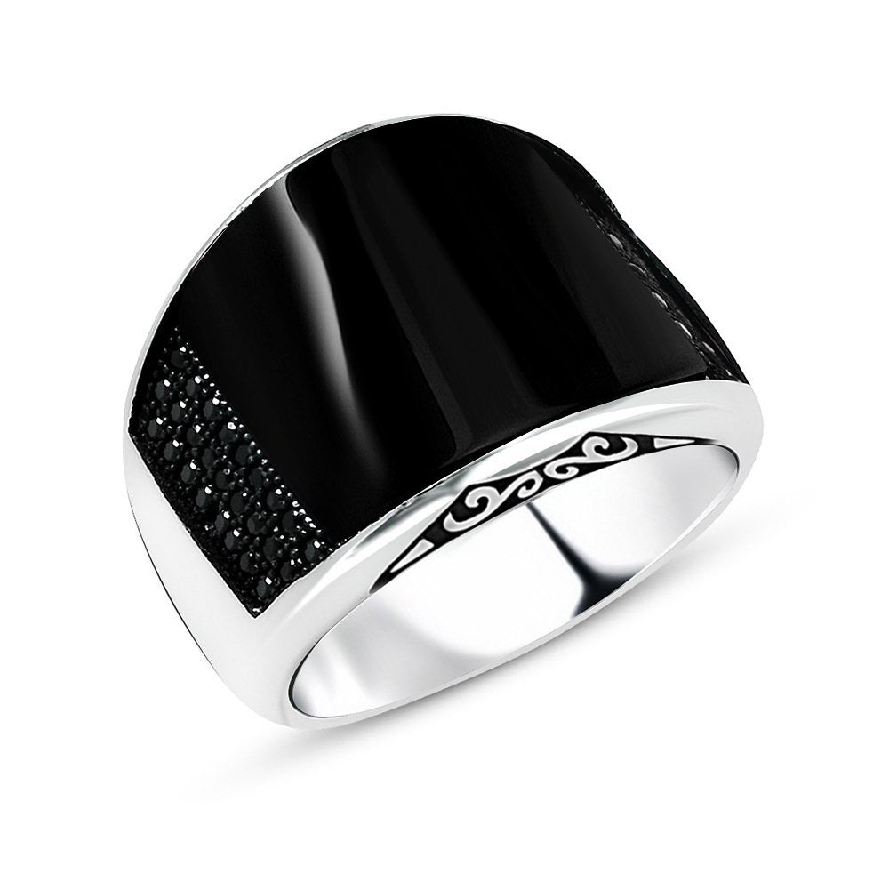 Silver Men's Ring with Zircon and Black Domed Onyx Stone 3
