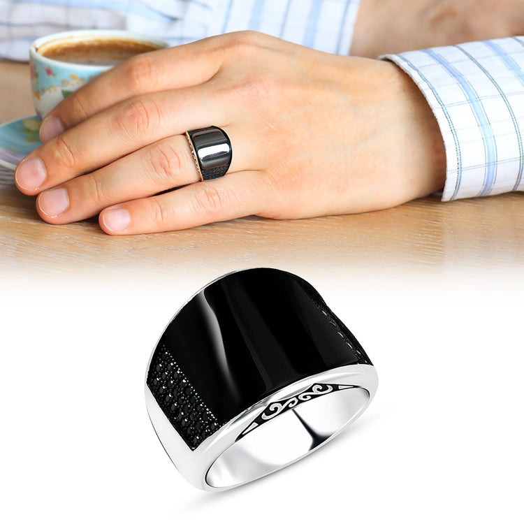 Silver Men's Ring with Zircon and Black Domed Onyx Stone