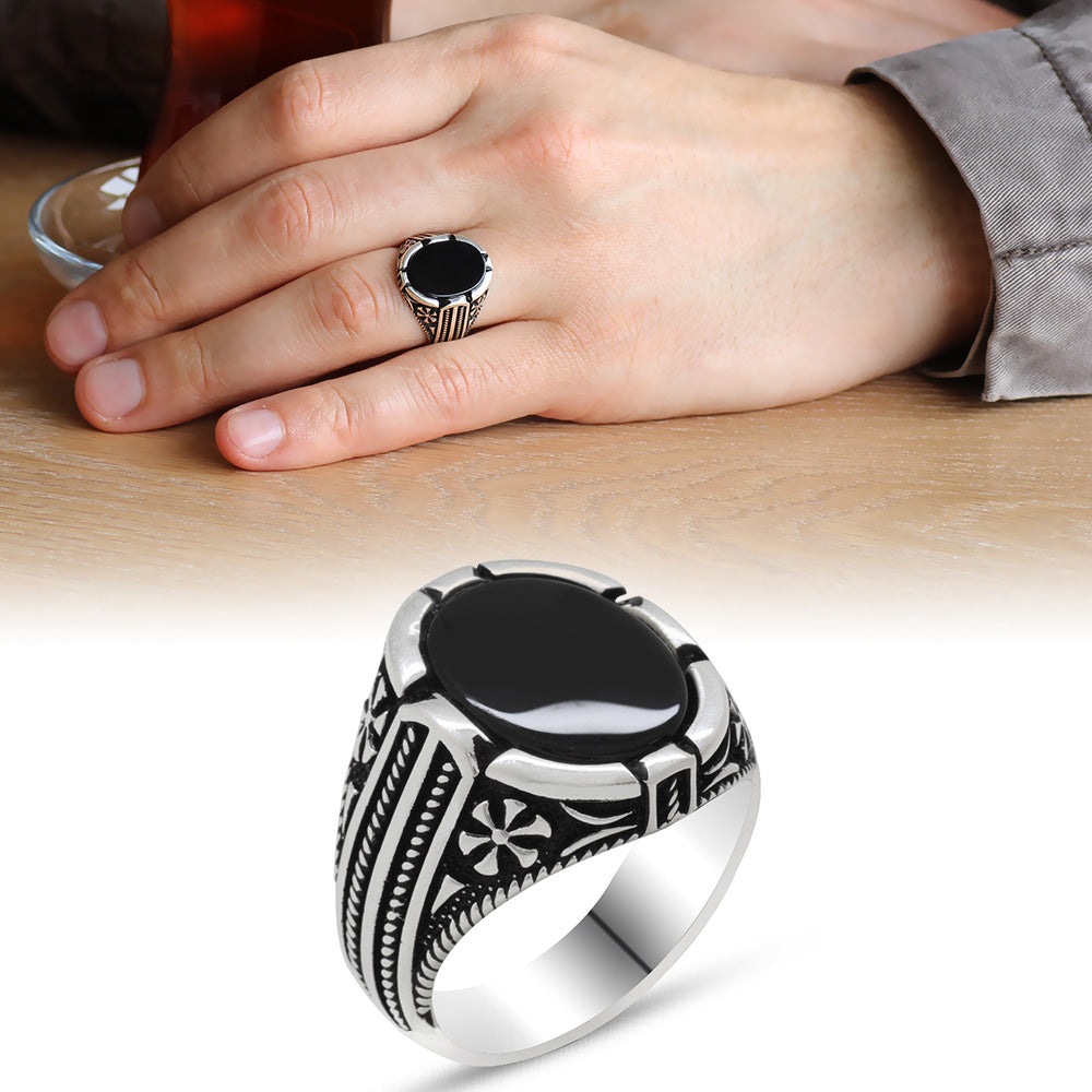 925 Sterling Silver Domed Black Onyx Stone Men's Ring