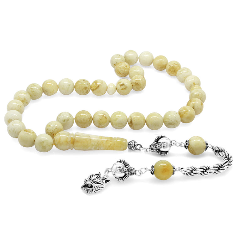 925 Sterling Silver Gray Wolf Rope Tassels Globe Cut King Seccer White-Yellow Drop Amber Rosary