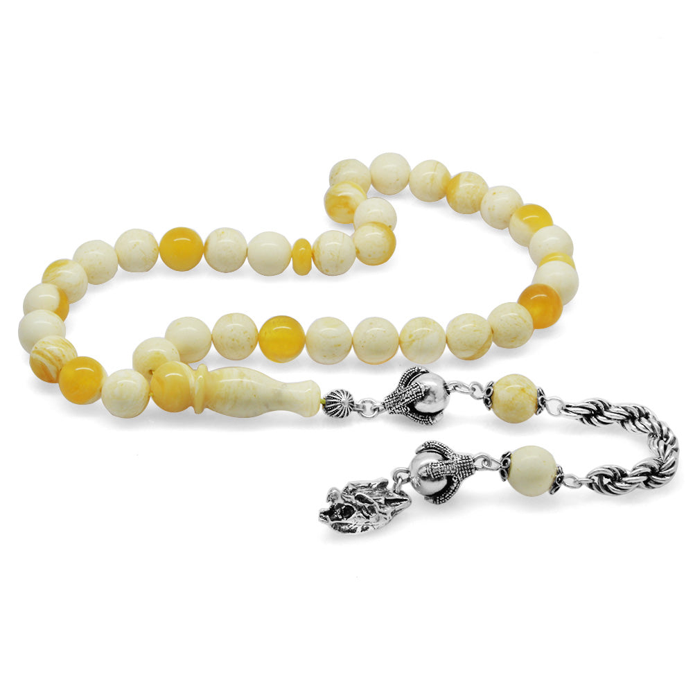 Silver Gray Wolf Tasseled King Seccer White-Yellow Amber Rosary