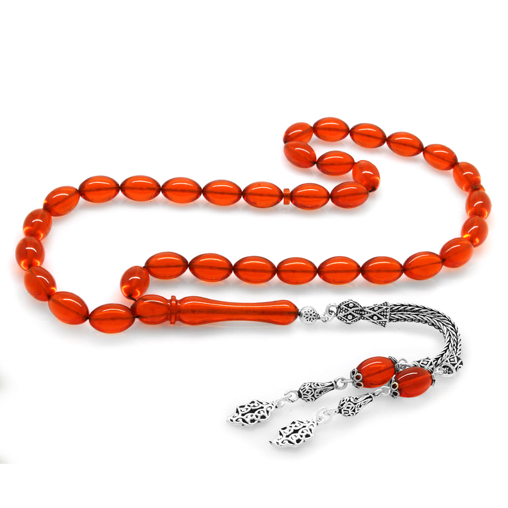 925 Sterling Silver Double Tassels Red Amber Rosary