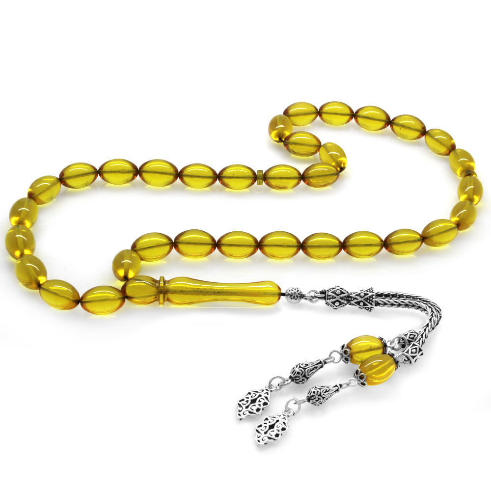 Silver Double Tasseled Transparent Yellow Amber Rosary