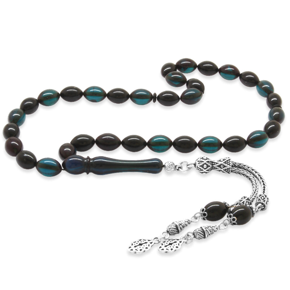 925 Sterling Silver Double Tasseled Barley Cut Turquoise-Black Fire Amber Rosary