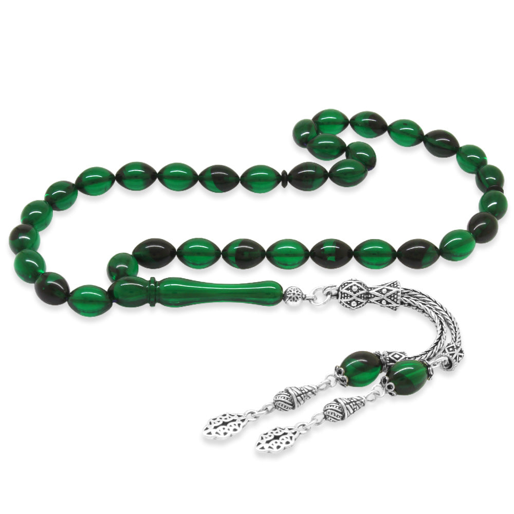 925 Sterling Silver Double Tasseled Barley Cut Green-Black Fire Amber Rosary