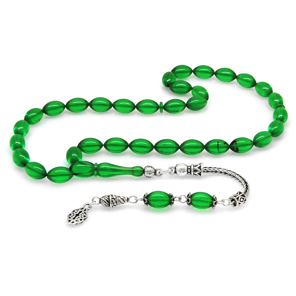 Green Fire Amber Rosary with Sterling Silver Tassels