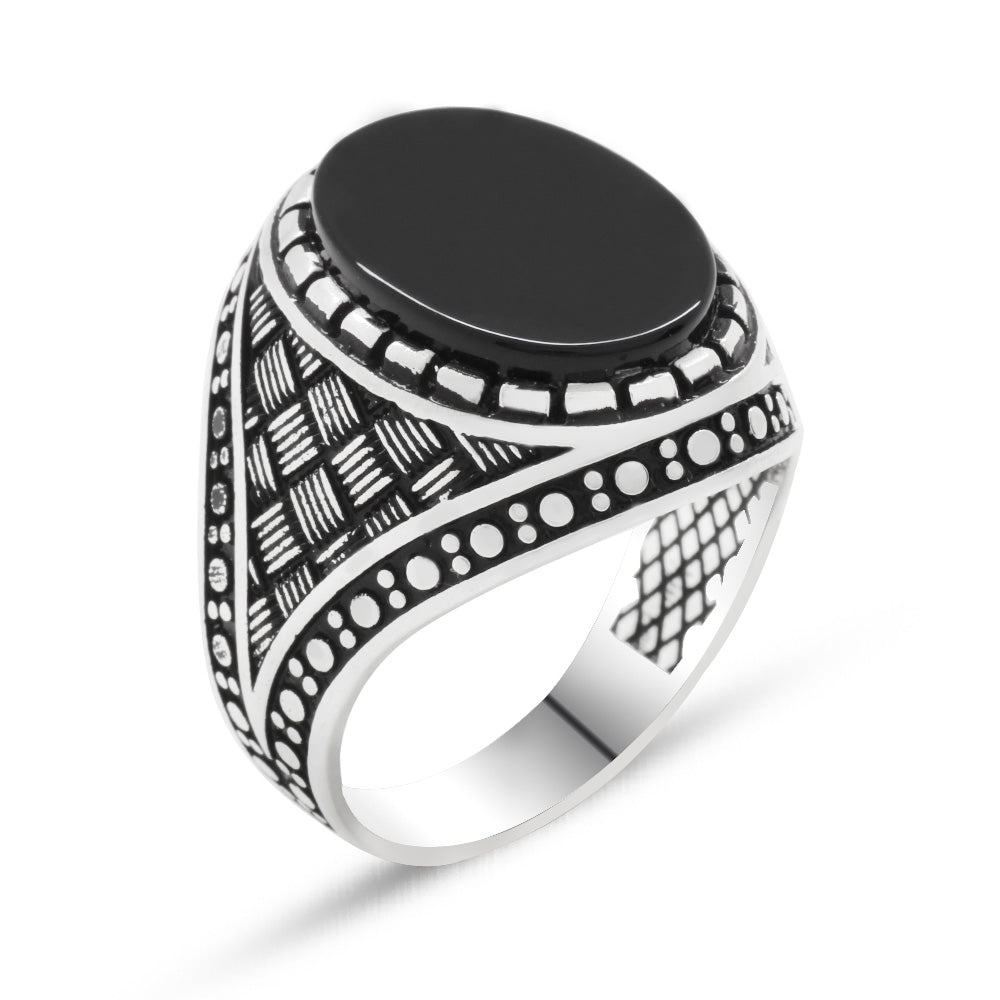 925 Sterling Silver Line Patterned Black Onyx Stone Men's Ring 2