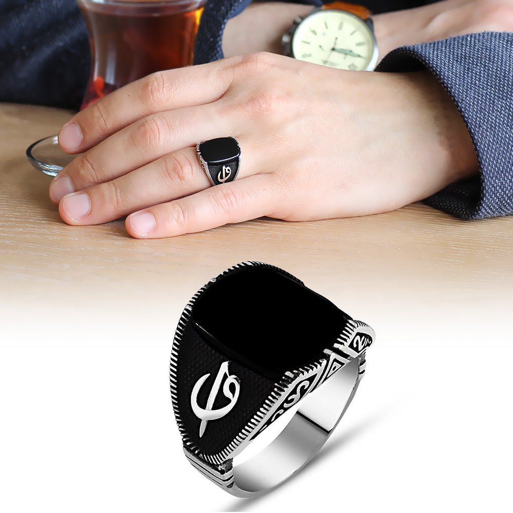 Elif "و"  Black Onyx Stone 925 Sterling Silver Men's Ring