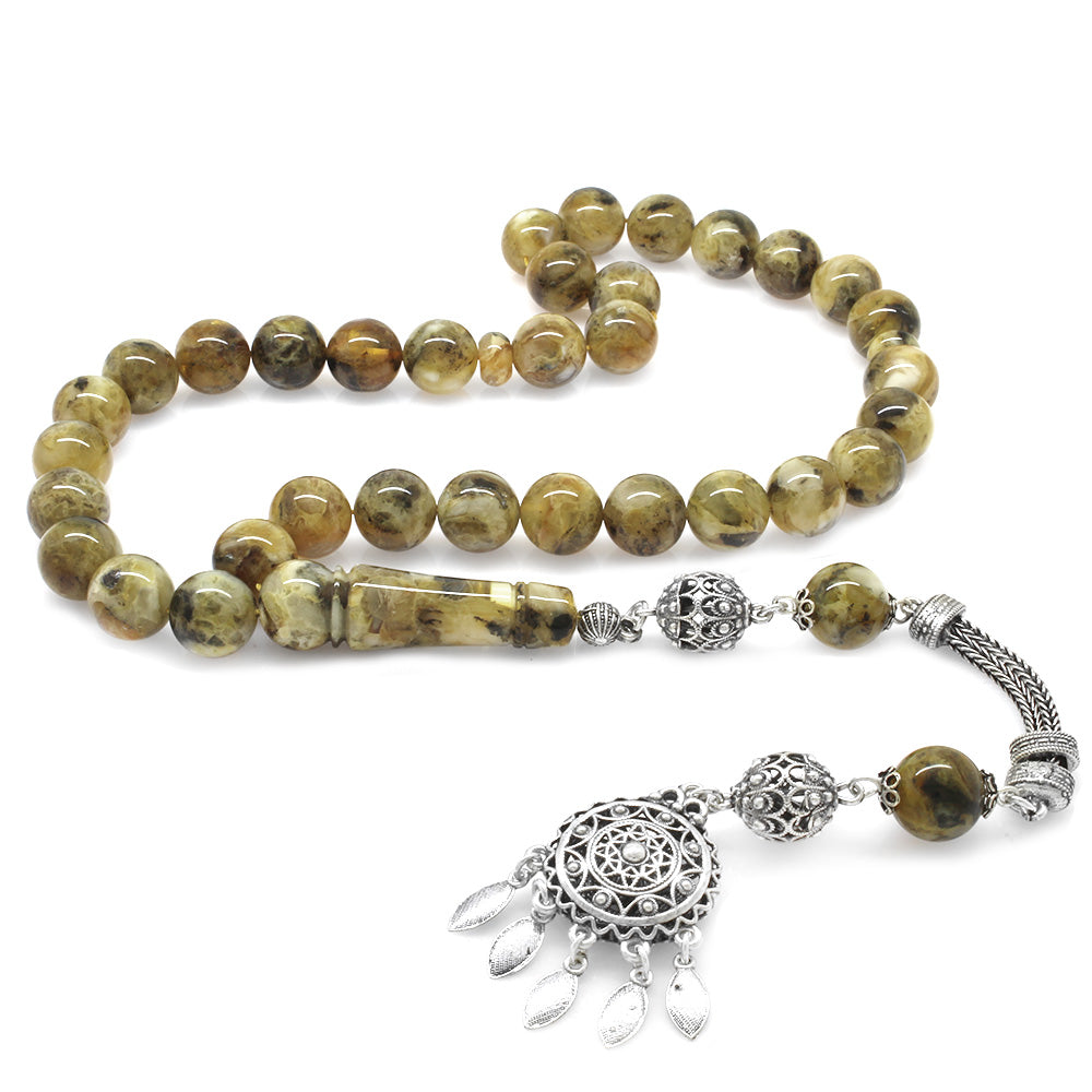 925 Sterling Silver Ethnic Tasseled Dalmatian Drop Amber Rosary