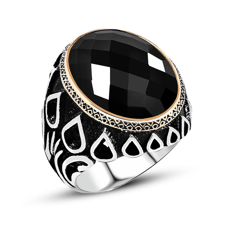 Drop Pattern Black Onyx Stone 925 Sterling Silver Men's Ring-2