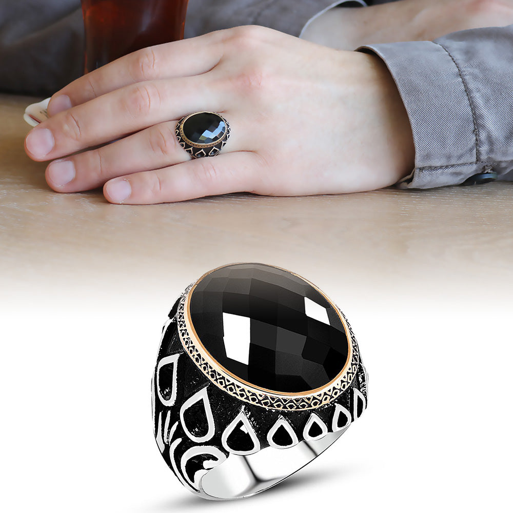 Drop Pattern Black Onyx Stone 925 Sterling Silver Men's Ring