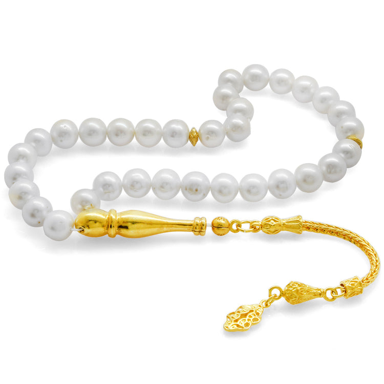 925 Sterling Silver Gold Tasseled Pearl Stone Prayer Beads