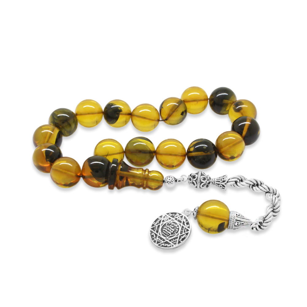 925 Sterling Silver Rope Tassels Globe Cut Yellow-Black Fire Amber Rosary