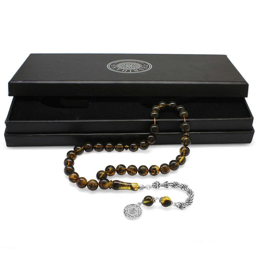 925 Sterling Silver Moire Yellow Drop Amber Rosary