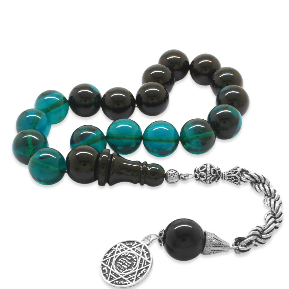 Silver Rope Tassels Turquoise-Black Fire Amber Efe Rosary