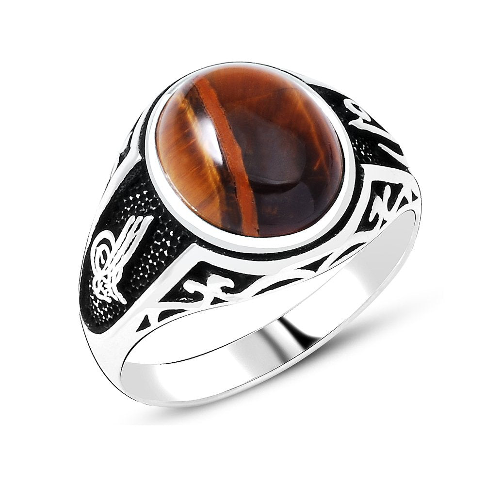 925 Sterling Silver Men's Ring with Tuğra Oval Tiger's Eye-2