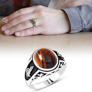 925 Sterling Silver Men's Ring with Tuğra Oval Tiger's Eye