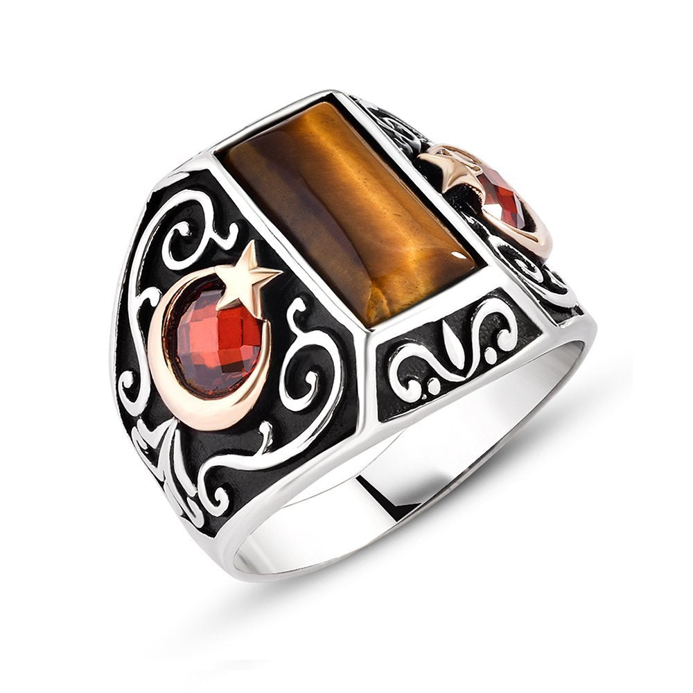 Silver Men's Ring with Star and Crescent and Tiger's Eye