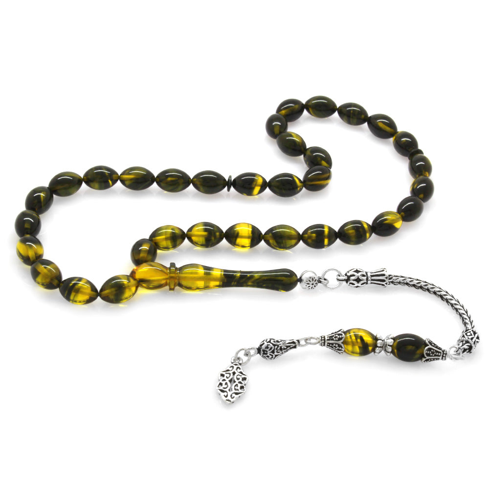 Yellow-Black Amber Rosary with 925 Sterling Silver Tassels