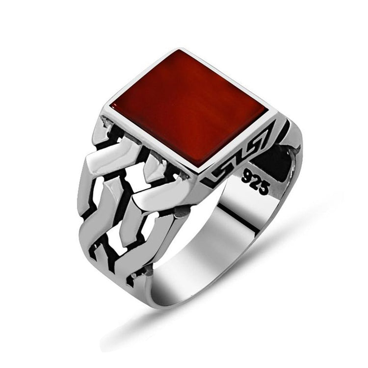 Chain Design Red Agate Stone 925 Sterling Silver Men's Ring-2