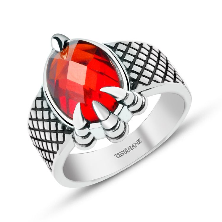 925 Sterling Silver Red Zircon Stone Eagle Claw Ring