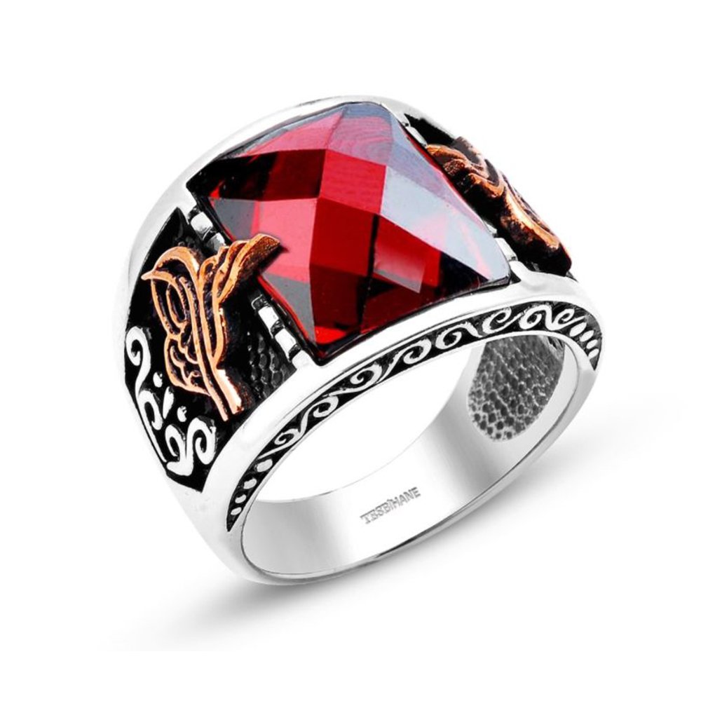 925 Sterling Silver Men's Ring with Tuğra Red Zircon Stone-2