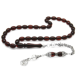 925 Sterling Silver Barley Cut Dark Red Drop Amber Rosary with King Tassels